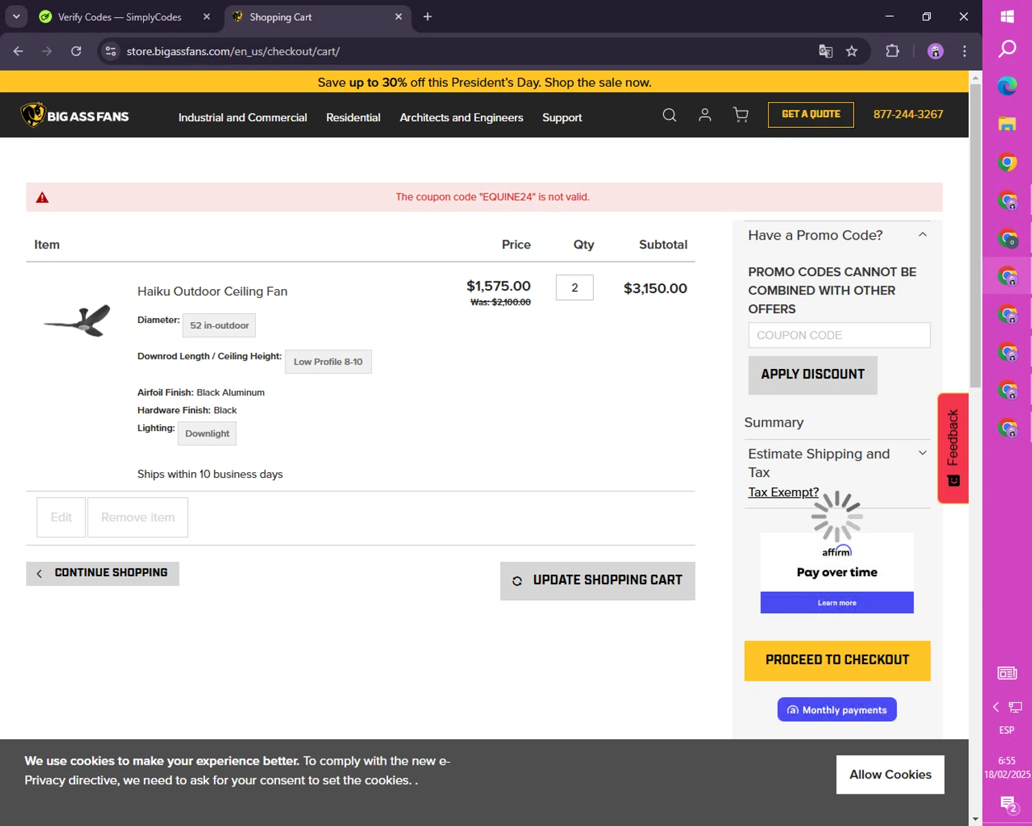 Big Ass Fans discount code screenshot showing code EQUINE24 applied at Big Ass Fans checkout page. Uploaded by SimplyCodes community member FortunateScholar4524 on Feb 18, 2025