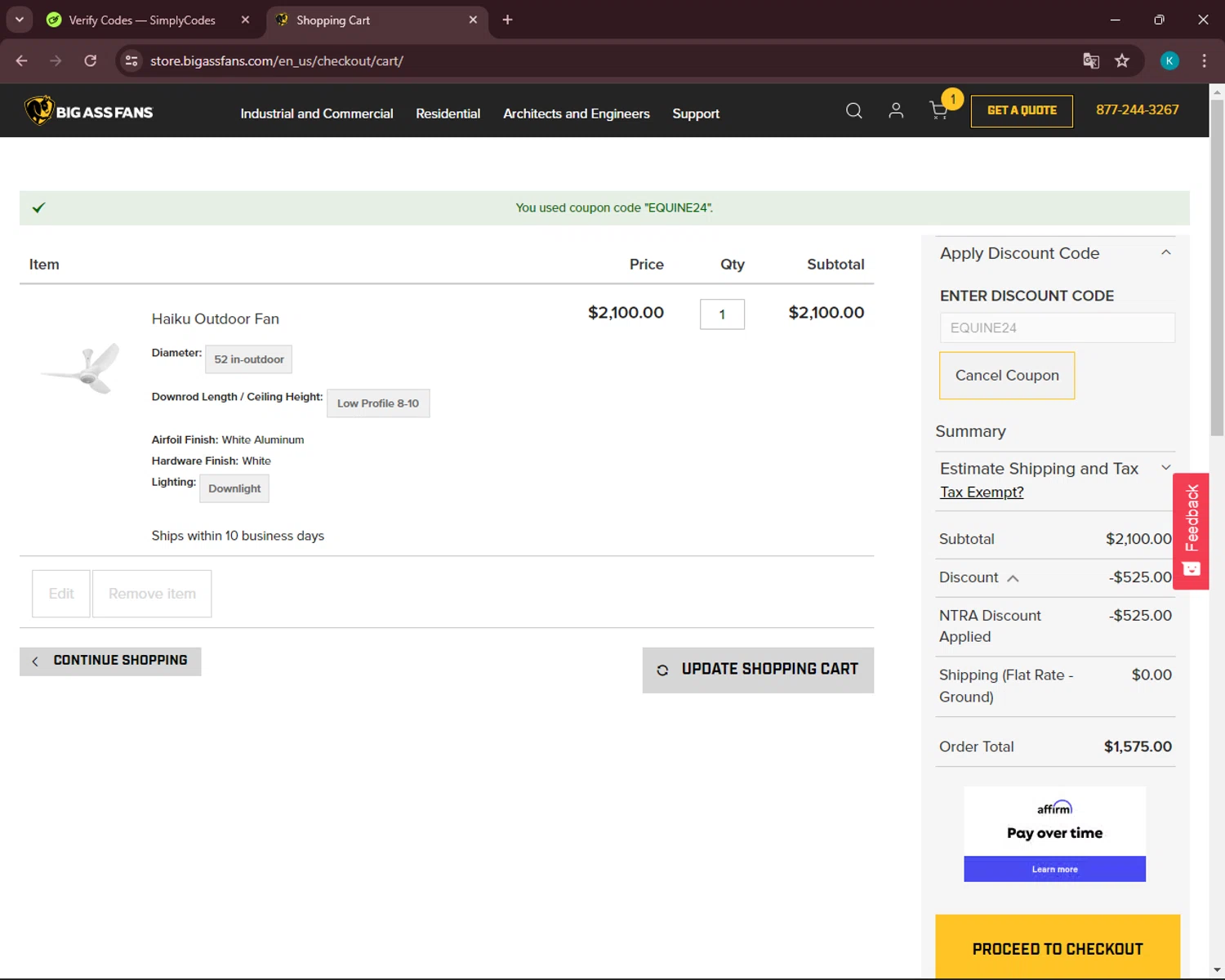 Big Ass Fans checkout page showing Big Ass Fans discount code box | Screenshot taken by SimplyCodes community member on Jun 18, 2024