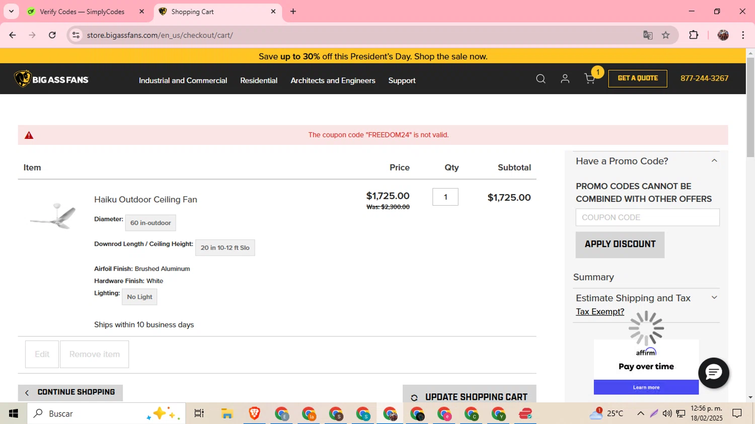 Big Ass Fans discount code screenshot showing code FREEDOM24 applied at Big Ass Fans checkout page. Uploaded by SimplyCodes community member BargainExpert9390 on Feb 18, 2025