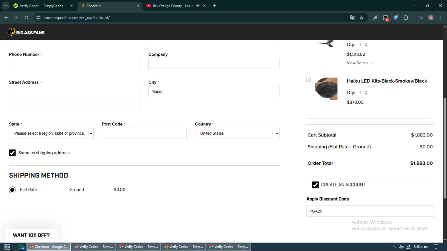 Big Ass Fans discount code screenshot showing code PGA25 applied at Big Ass Fans checkout page. Uploaded by SimplyCodes community member DiscountTitan4635 on Sep 19, 2025