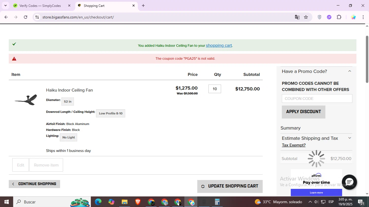 Big Ass Fans discount code screenshot showing code PGA25 applied at Big Ass Fans checkout page. Uploaded by SimplyCodes community member Estrellitacoairis on Sep 19, 2025