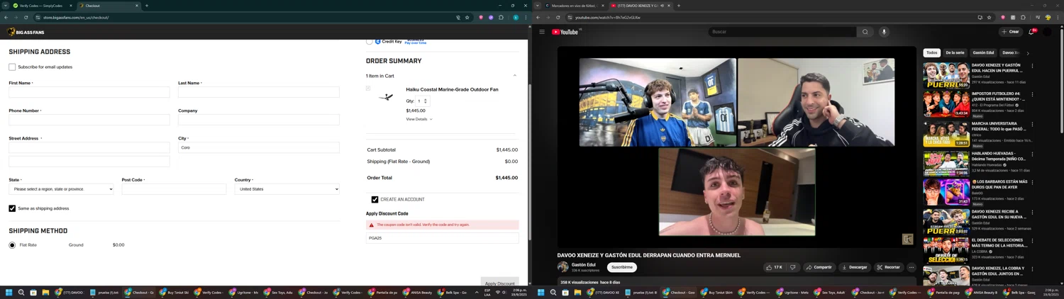 Big Ass Fans discount code screenshot showing code PGA25 applied at Big Ass Fans checkout page. Uploaded by SimplyCodes community member RewardKnight9989 on Sep 19, 2025
