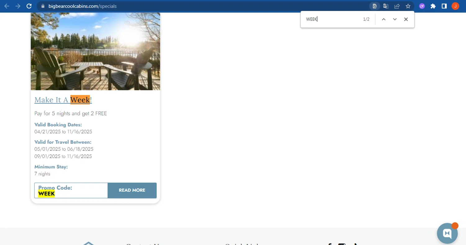 Big Bear Cool Cabins promo code screenshot showing code WEEK applied at Big Bear Cool Cabins checkout page. Uploaded by SimplyCodes community member FranquizJoel on Oct 3, 2025