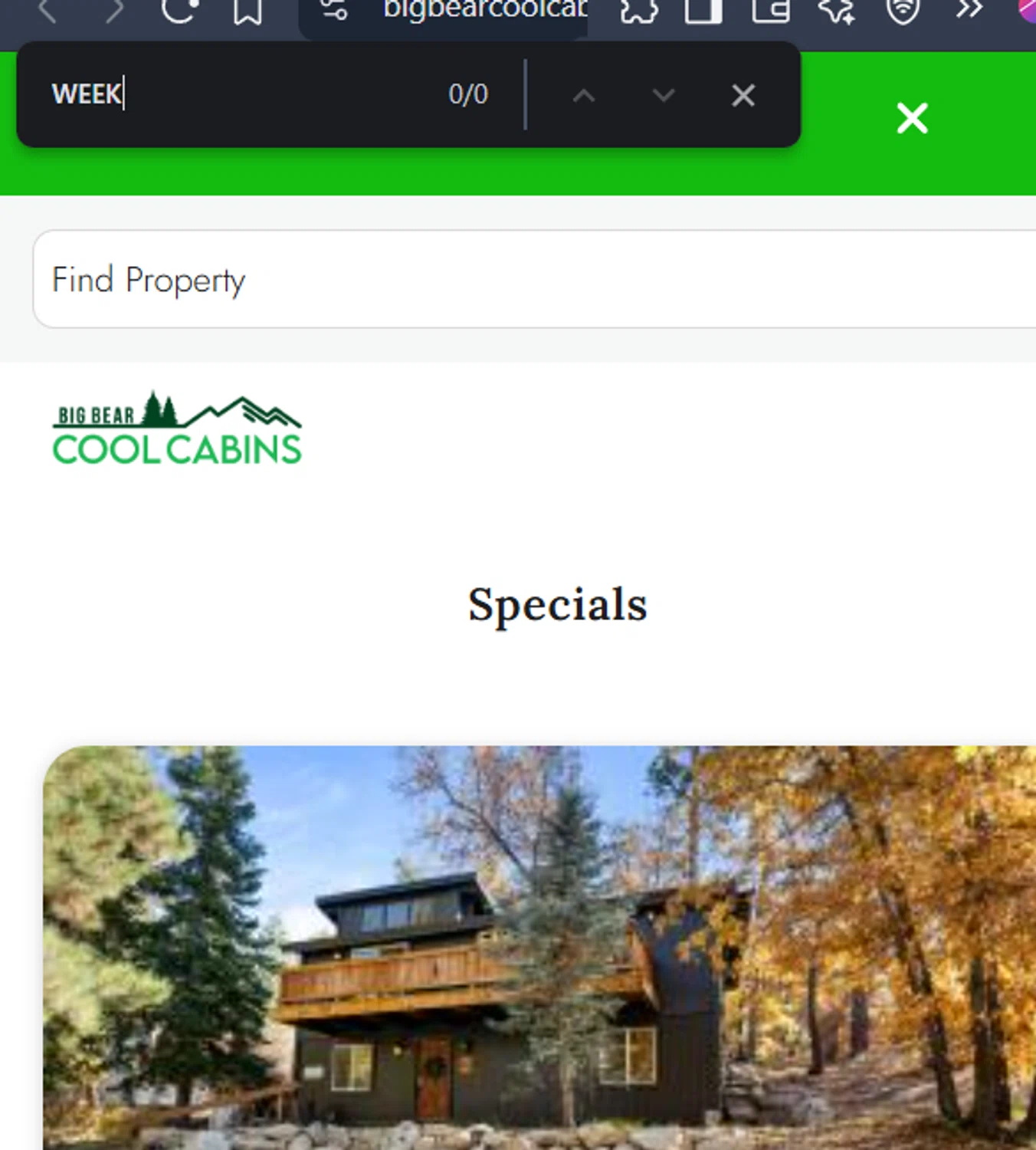 Big Bear Cool Cabins promo code screenshot showing code WEEK applied at Big Bear Cool Cabins checkout page. Uploaded by SimplyCodes community member GoldLynx7797 on Nov 30, 2025