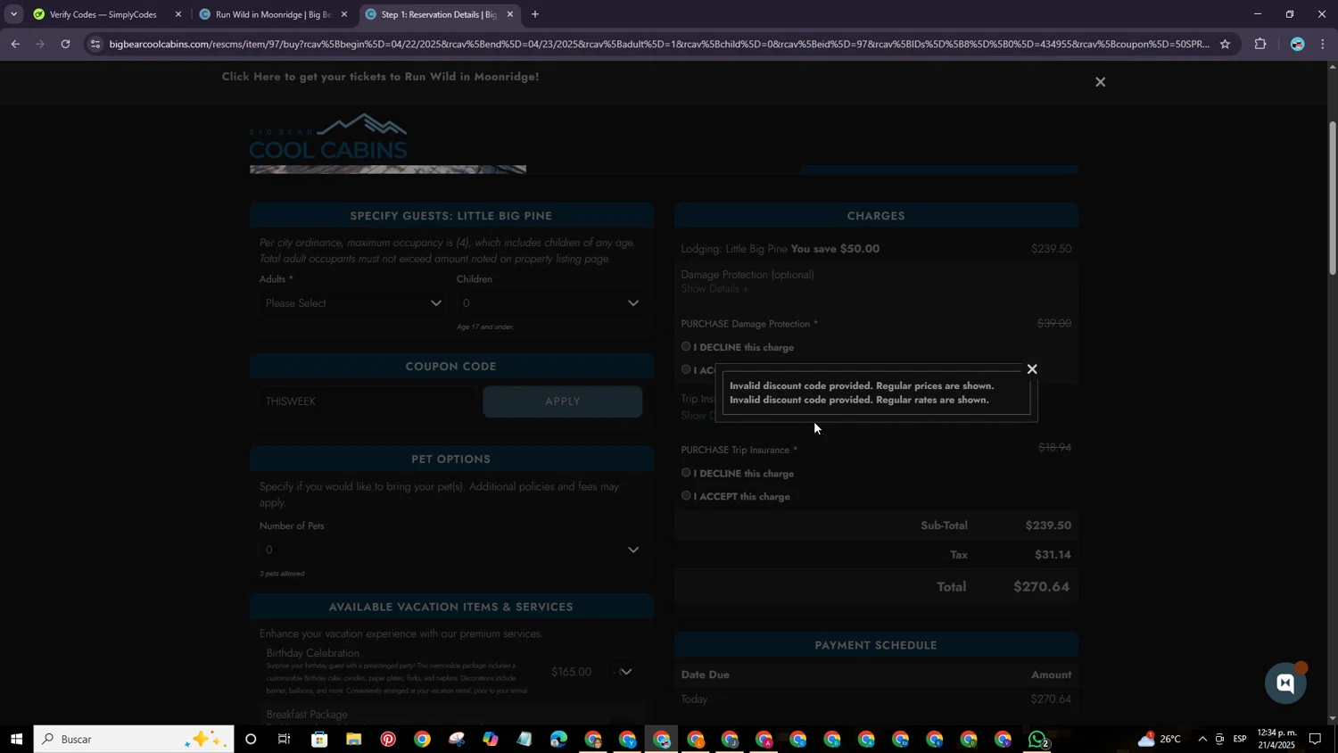 Big Bear Cool Cabins promo code screenshot showing code THISWEEK applied at Big Bear Cool Cabins checkout page. Uploaded by SimplyCodes community member ShrewdPro8995 on Apr 21, 2025