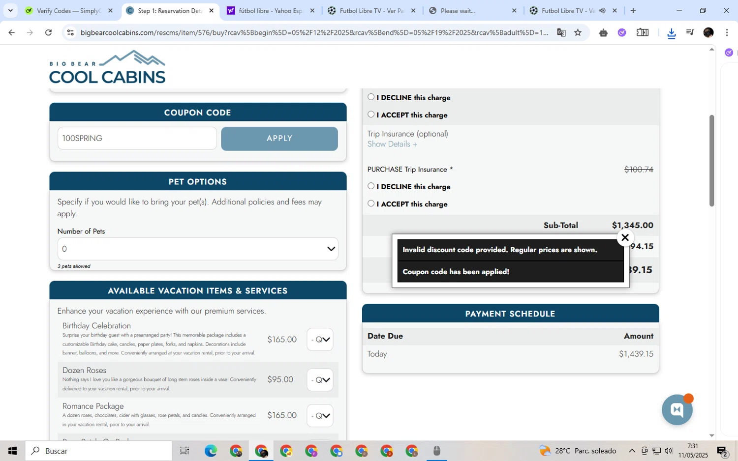 Big Bear Cool Cabins promo code screenshot showing code 100SPRING applied at Big Bear Cool Cabins checkout page. Uploaded by SimplyCodes community member alexdaal on May 11, 2025