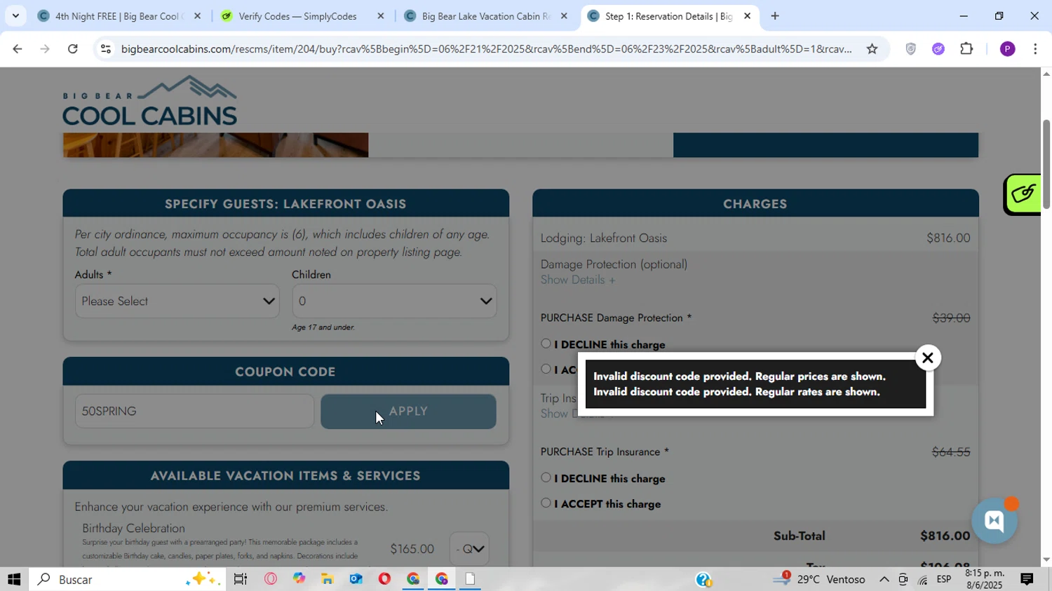 Big Bear Cool Cabins promo code screenshot showing code 50SPRING applied at Big Bear Cool Cabins checkout page. Uploaded by SimplyCodes community member CoinPhoenix3025 on Jun 9, 2025