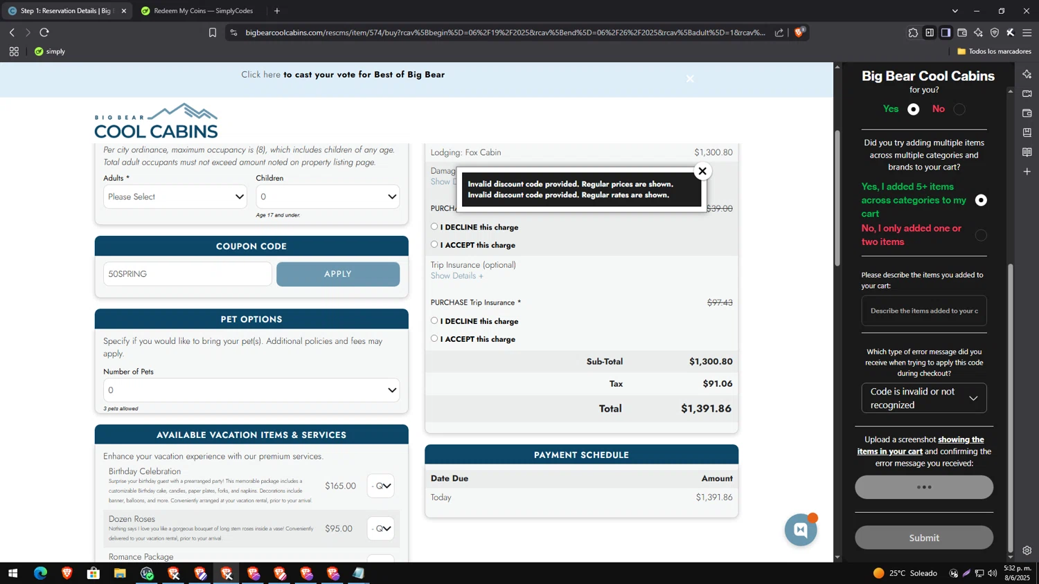 Big Bear Cool Cabins promo code screenshot showing code 50SPRING applied at Big Bear Cool Cabins checkout page. Uploaded by SimplyCodes community member TreasureEagle7585 on Jun 8, 2025