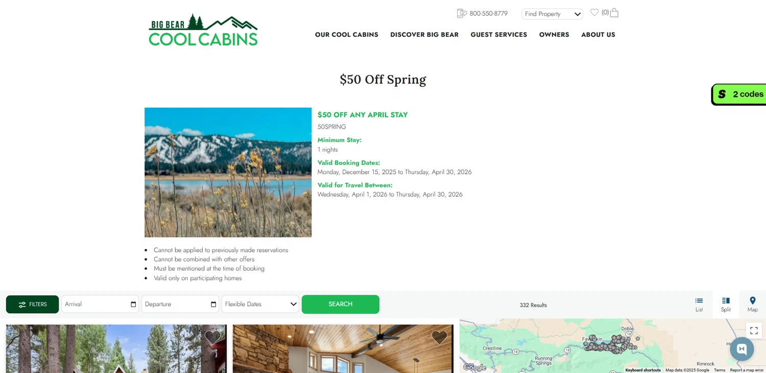 Big Bear Cool Cabins promo code screenshot showing code 50SPRING applied at Big Bear Cool Cabins checkout page. Uploaded by SimplyCodes community member pabloprieto on Dec 29, 2025
