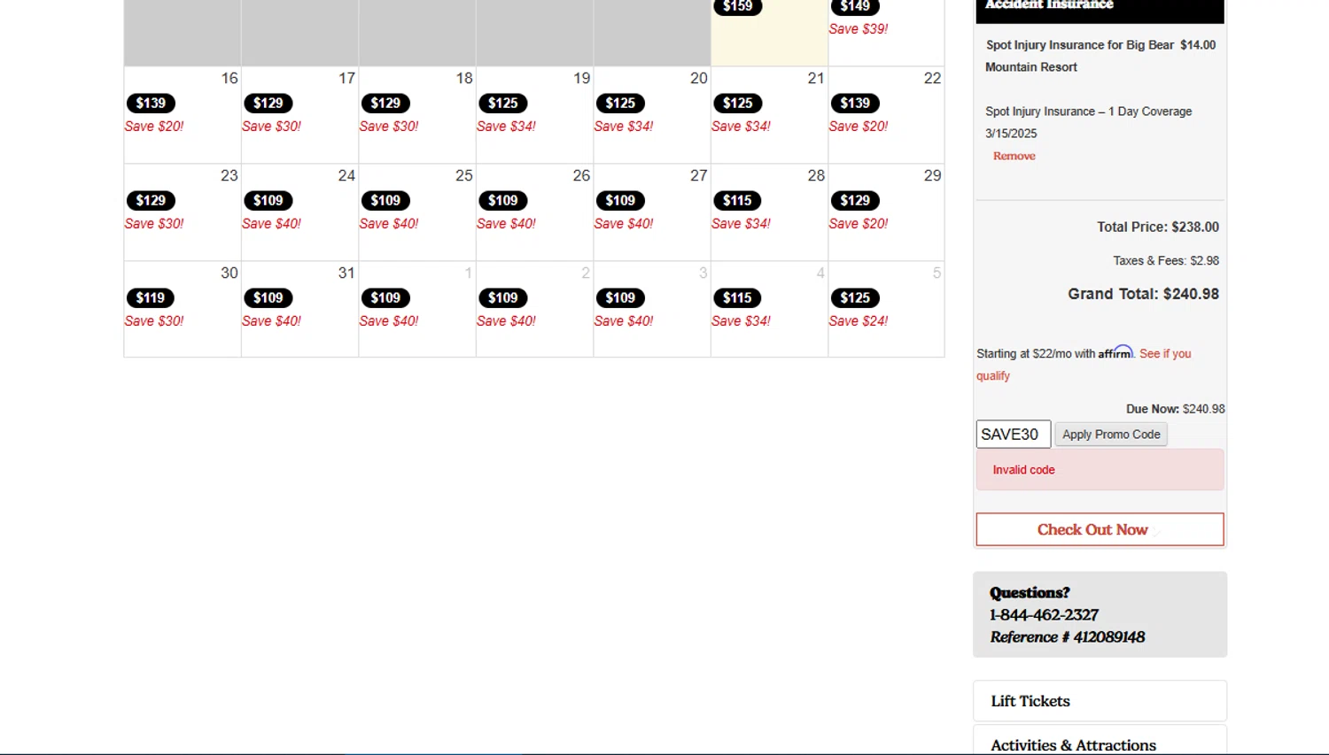 Big Bear Mountain Resort promo code screenshot showing code SAVE30 applied at Big Bear Mountain Resort checkout page. Uploaded by SimplyCodes community member TreasureMonarch3770 on Mar 14, 2025