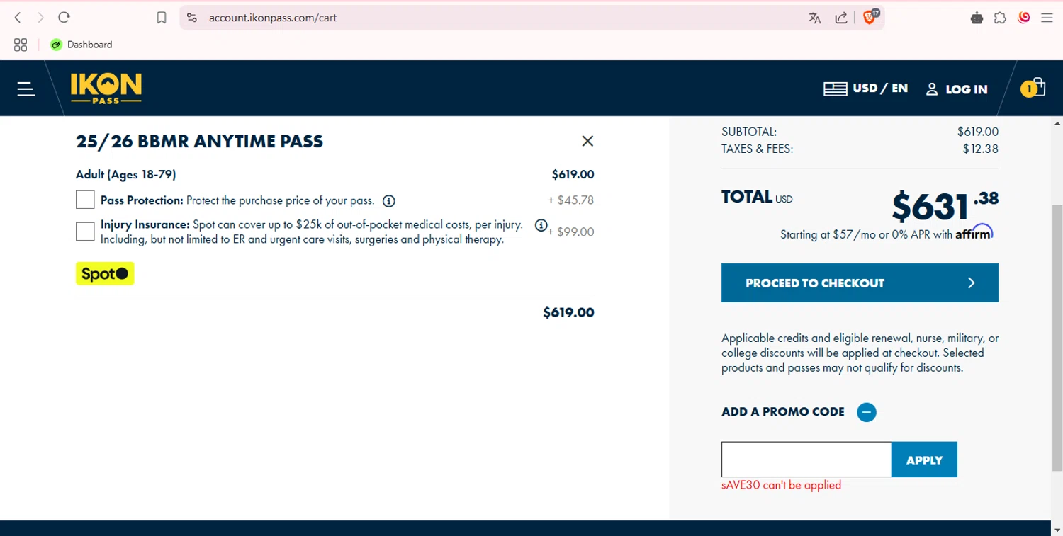 Big Bear Mountain Resort promo code screenshot showing code SAVE30 applied at Big Bear Mountain Resort checkout page. Uploaded by SimplyCodes community member ciromalkovich on Mar 14, 2025