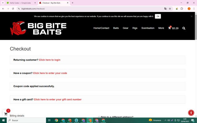 Big Bite Baits checkout page showing Big Bite Baits coupon code box | Screenshot taken by SimplyCodes community member on Apr 20, 2025