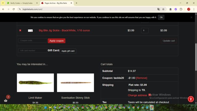 Big Bite Baits checkout page showing Big Bite Baits coupon code box | Screenshot taken by SimplyCodes community member on Jul 22, 2025