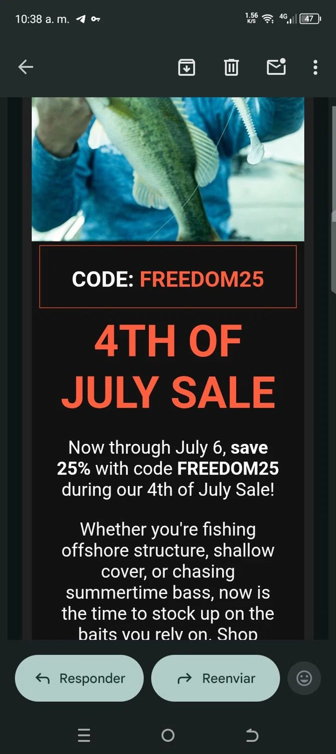 Big Bite Baits promo code screenshot showing code FREEDOM25 applied at Big Bite Baits checkout page. Uploaded by SimplyCodes community member kellymoreno on Jun 25, 2026