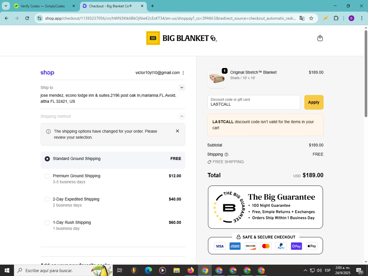 Big Blanket Co discount code screenshot showing code LASTCALL applied at Big Blanket Co checkout page. Uploaded by SimplyCodes community member Soyvictor on Sep 24, 2025