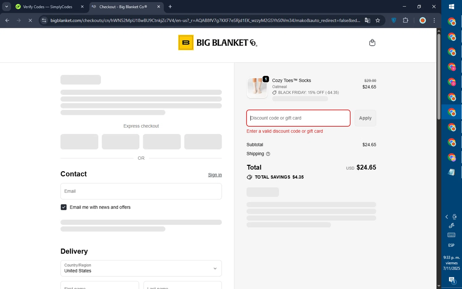 Big Blanket Co discount code screenshot showing code BOO applied at Big Blanket Co checkout page. Uploaded by SimplyCodes community member GoldPilot5958 on Nov 8, 2025