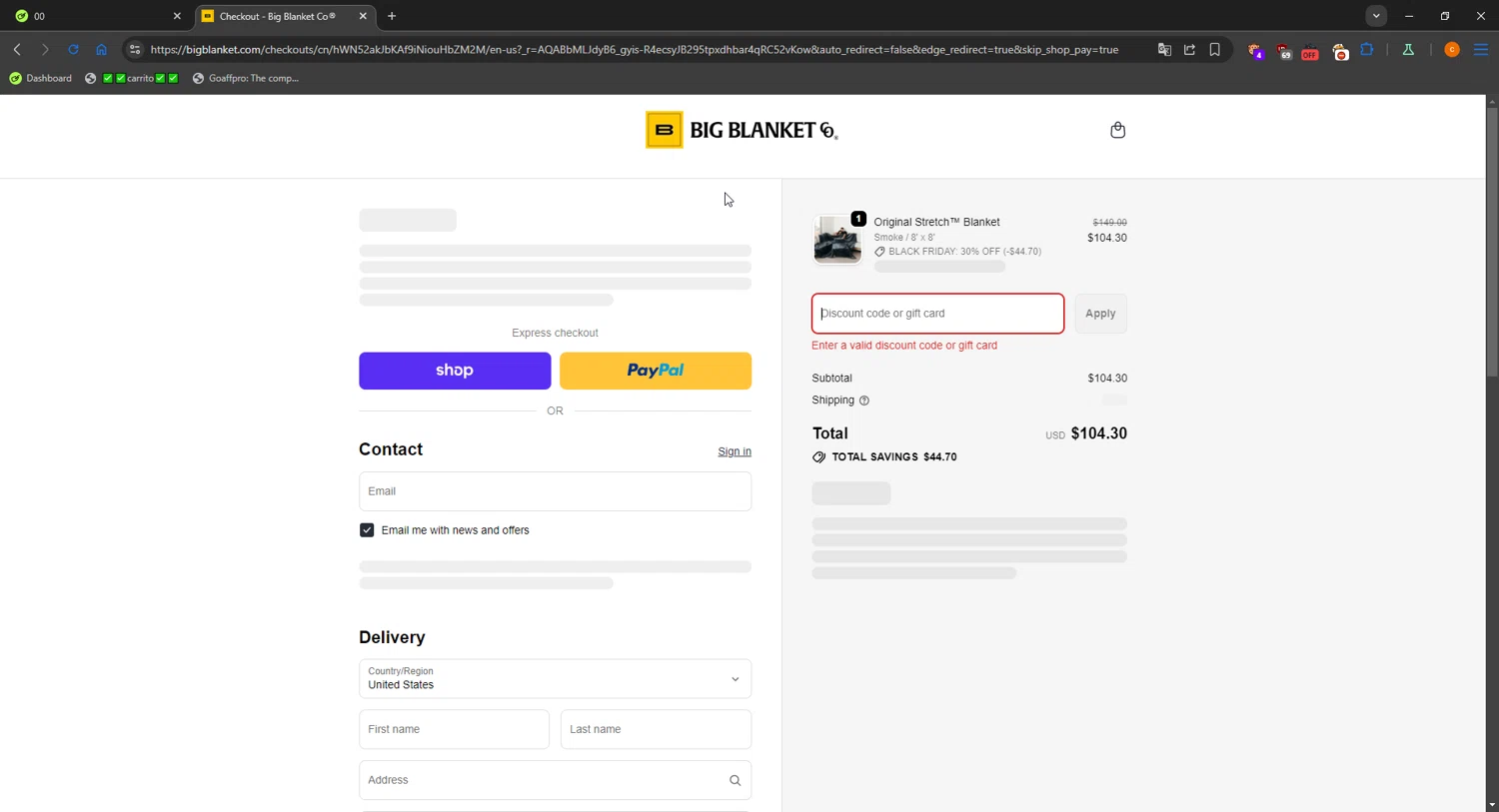 Big Blanket Co discount code screenshot showing code BOO applied at Big Blanket Co checkout page. Uploaded by SimplyCodes community member LOgoter on Nov 8, 2025
