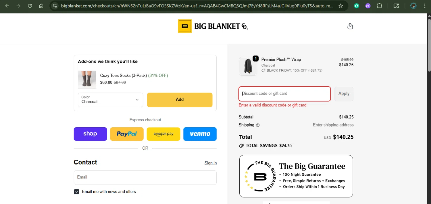 Big Blanket Co discount code screenshot showing code BOO applied at Big Blanket Co checkout page. Uploaded by SimplyCodes community member xAngel on Nov 8, 2025