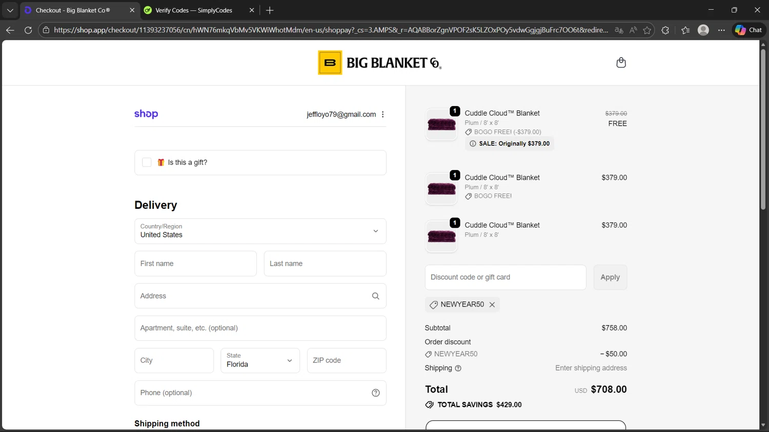 Big Blanket Co checkout page showing Big Blanket Co discount code box | Screenshot taken by SimplyCodes community member on Jan 1, 2026
