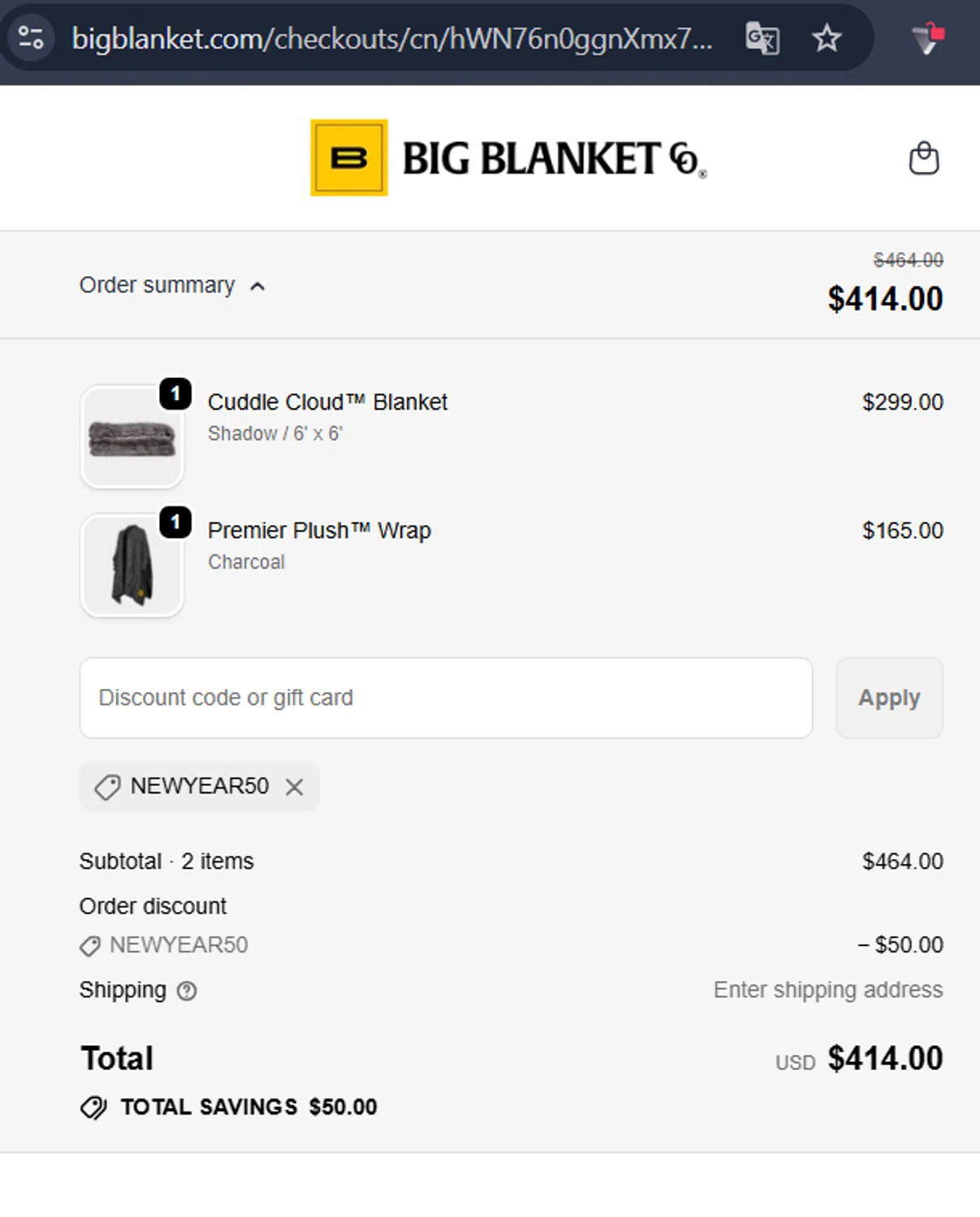 Big Blanket Co checkout page showing Big Blanket Co discount code box | Screenshot taken by SimplyCodes community member on Jan 1, 2026