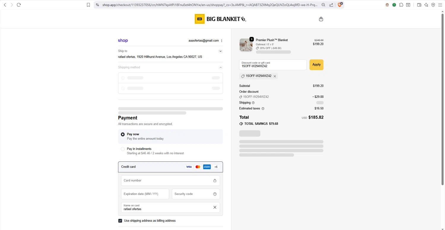 Big Blanket Co checkout page showing Big Blanket Co discount code box | Screenshot taken by SimplyCodes community member on Jan 18, 2026