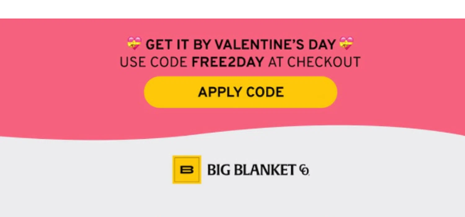 Big Blanket Co discount code screenshot showing code free2day applied at Big Blanket Co checkout page. Uploaded by SimplyCodes community member reimalave10 on Feb 7, 2026