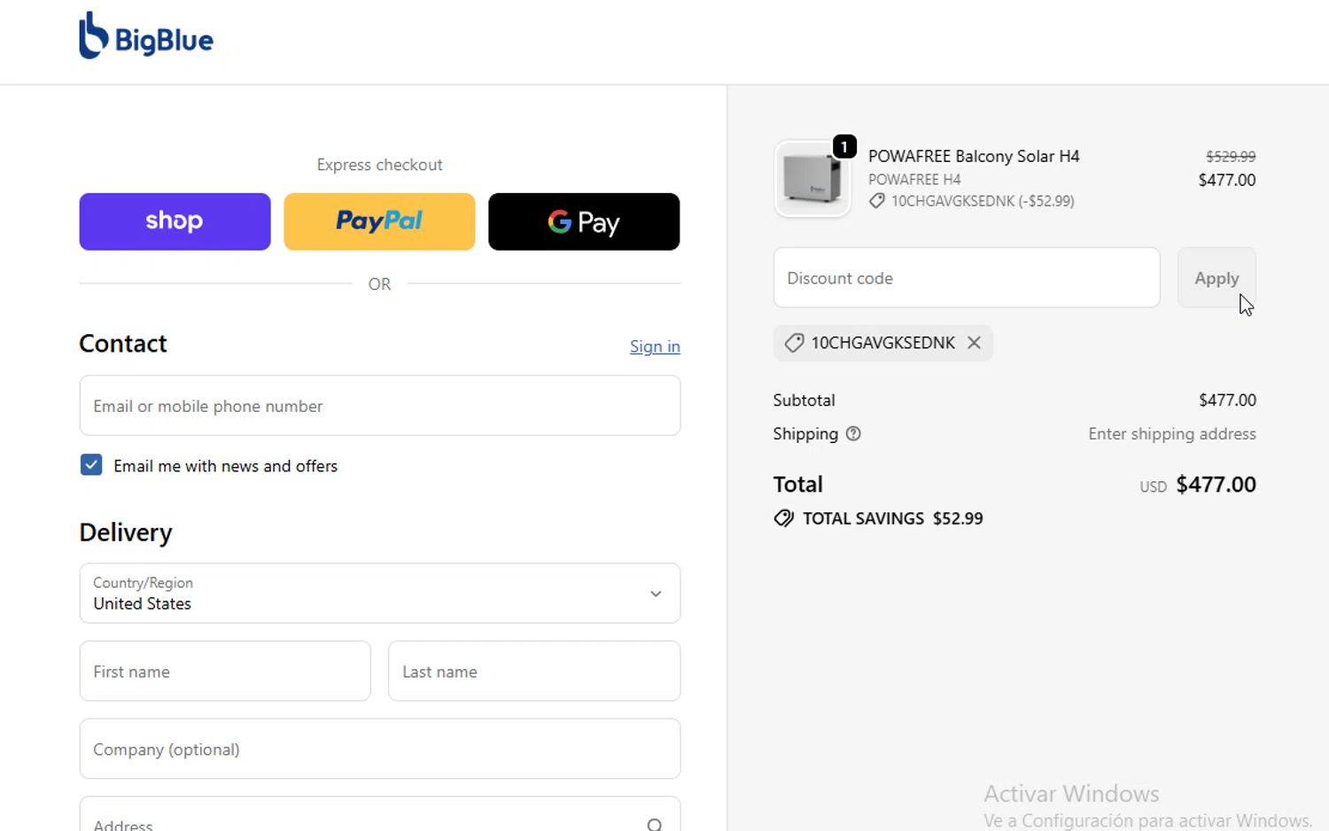 BigBlue promo code screenshot showing code 10CHGAVGKSEDNK applied at BigBlue checkout page. Uploaded by SimplyCodes community member Sheele_Icon on Dec 19, 2025