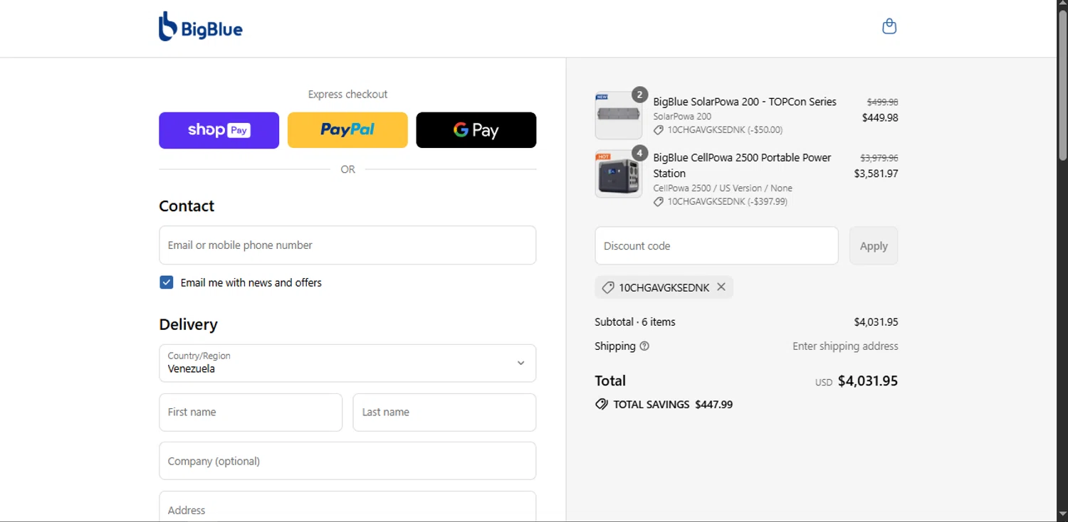 BigBlue promo code screenshot showing code 10CHGAVGKSEDNK applied at BigBlue checkout page. Uploaded by SimplyCodes community member Xiooh292929 on Jul 23, 2025