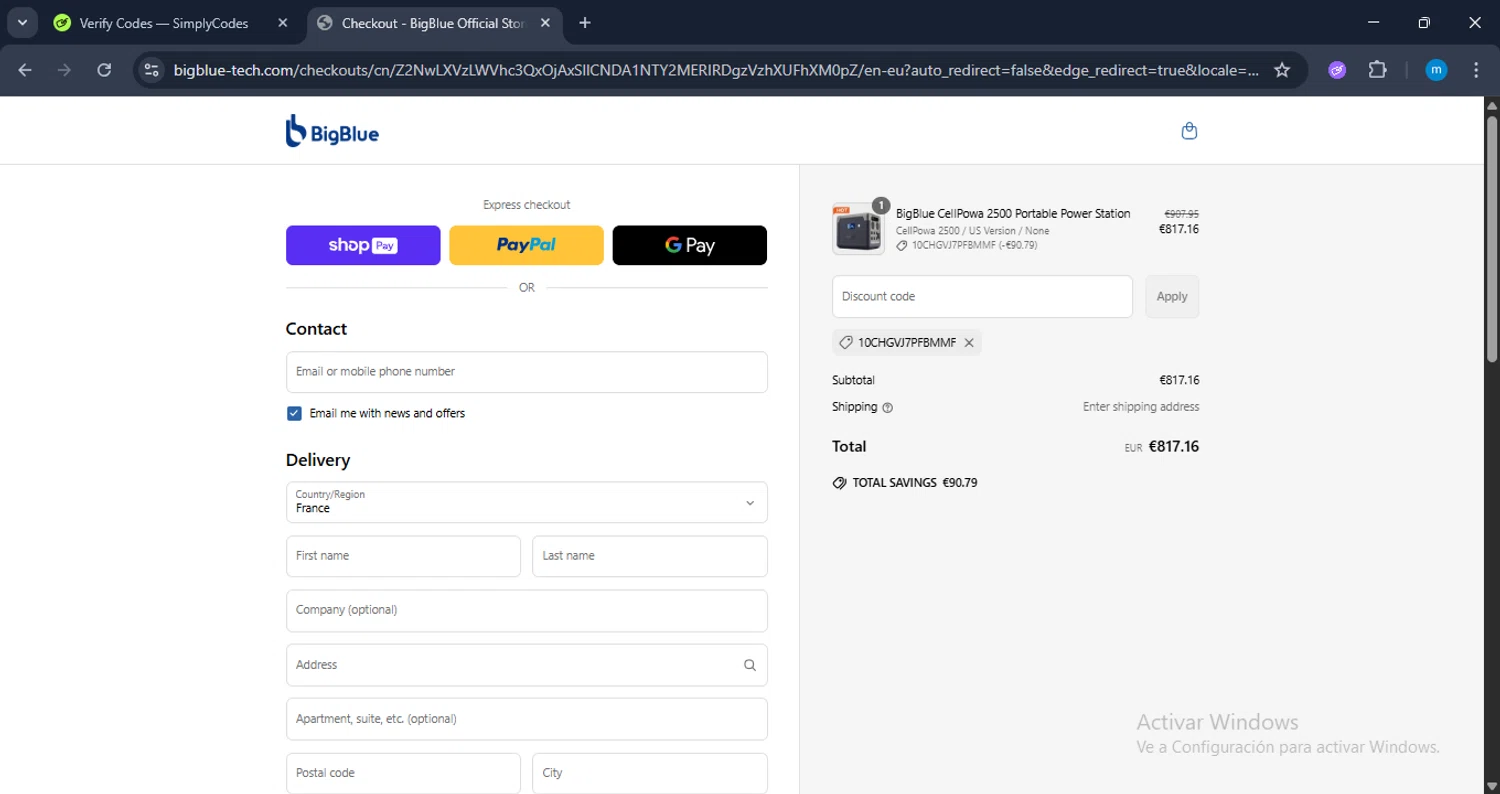 BigBlue promo code screenshot showing code 10CHGVJ7PFBMMF applied at BigBlue checkout page. Uploaded by SimplyCodes community member LuckyWarden9122 on Jun 22, 2025