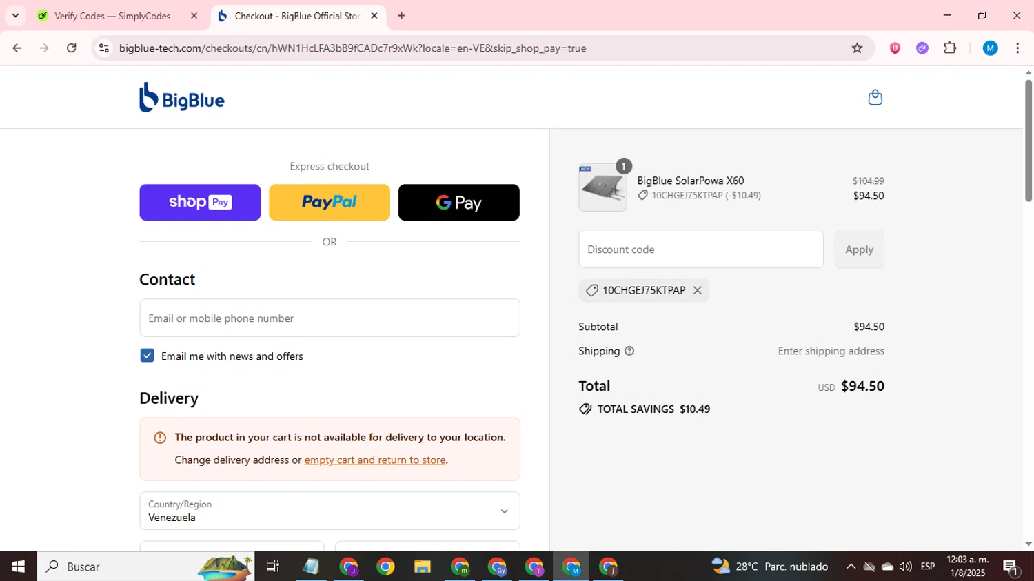 BigBlue promo code screenshot showing code 10CHGEJ75KTPAP applied at BigBlue checkout page. Uploaded by SimplyCodes community member LegendaryCurator1585 on Aug 1, 2025