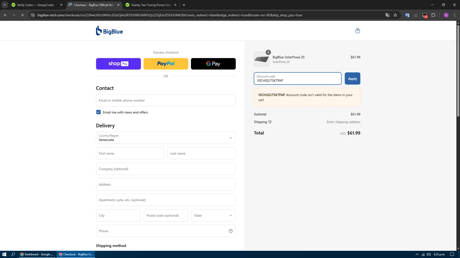 BigBlue promo code screenshot showing code 10CHGEJ75KTPAP applied at BigBlue checkout page. Uploaded by SimplyCodes community member SwiftFox1285 on Mar 27, 2025