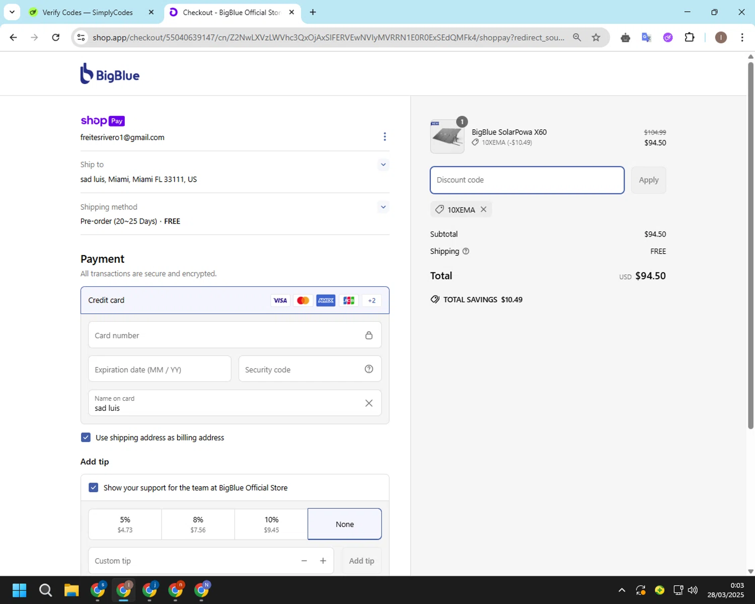 BigBlue promo code screenshot showing code 10XEMA applied at BigBlue checkout page. Uploaded by SimplyCodes community member CashSleuth106 on Mar 28, 2025