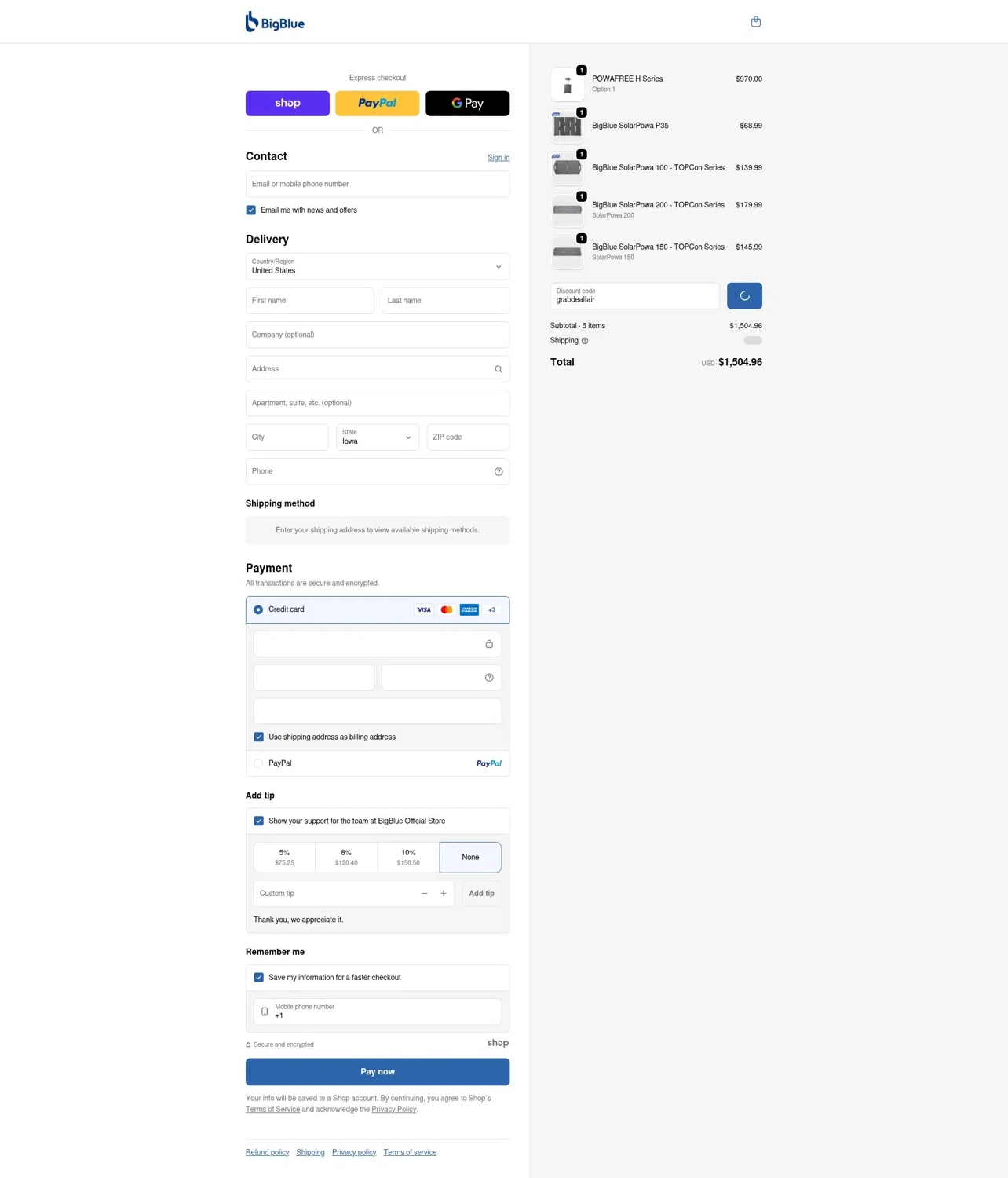 BigBlue promo code screenshot showing code grabdealfair applied at BigBlue checkout page. Uploaded by SimplyCodes community member RebateFalcon3172 on Dec 30, 2025