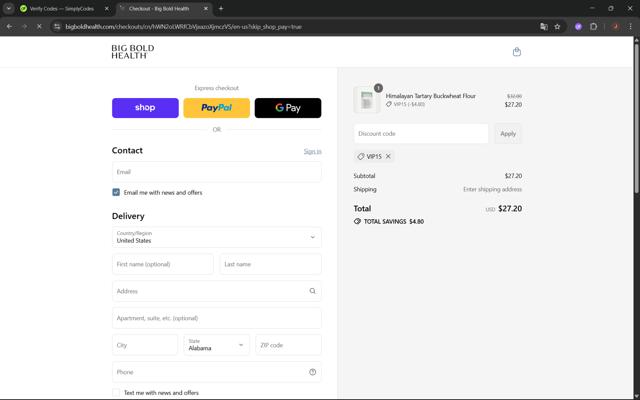 Big Bold Health checkout page showing Big Bold Health promo code box | Screenshot taken by SimplyCodes community member on Sep 10, 2025