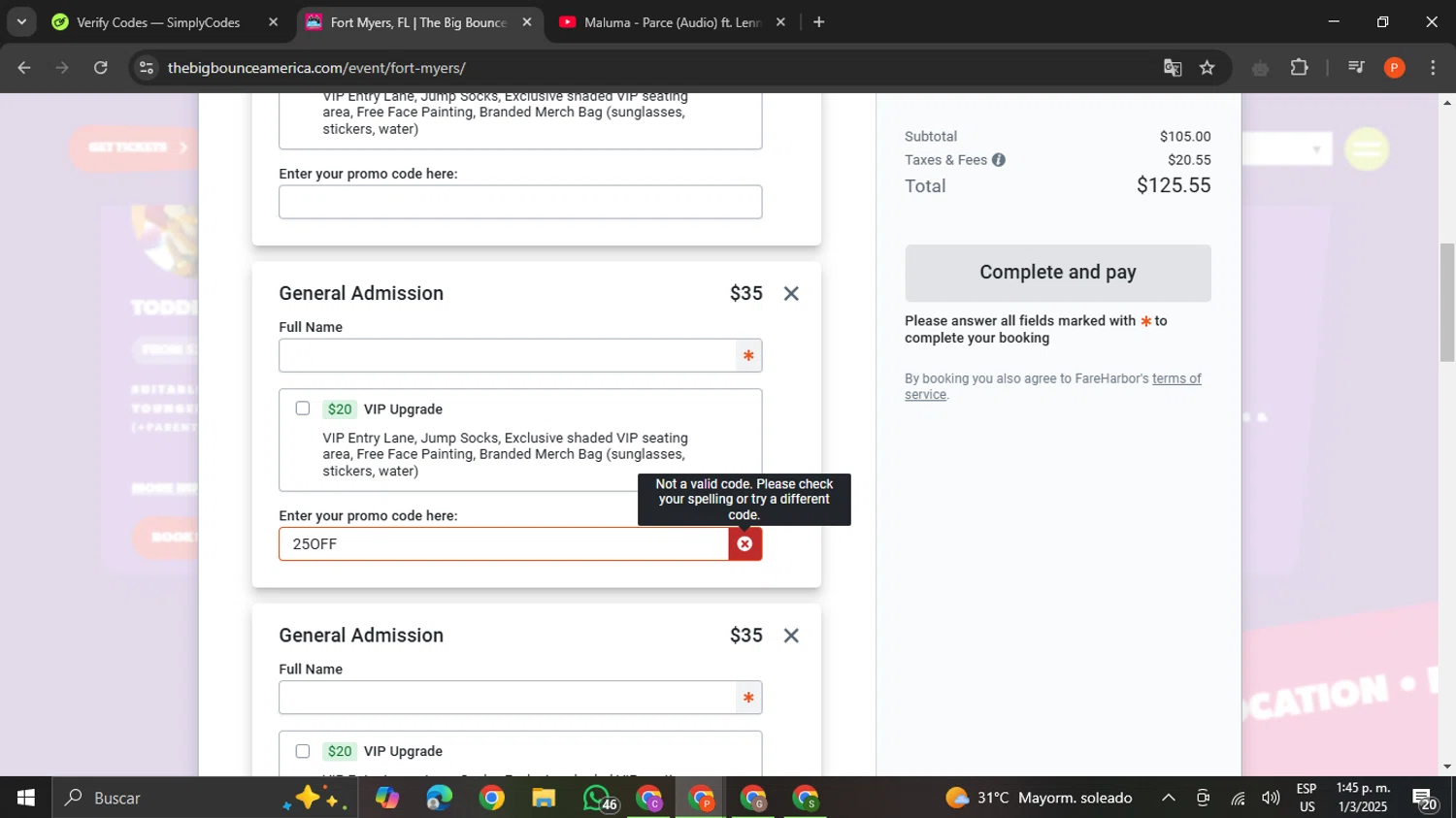 The Big Bounce America promo code screenshot showing code 25OFF applied at The Big Bounce America checkout page. Uploaded by SimplyCodes community member VictoriousCaptain2658 on Mar 1, 2025