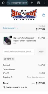 Big Boy Bamboo coupon verification screenshot