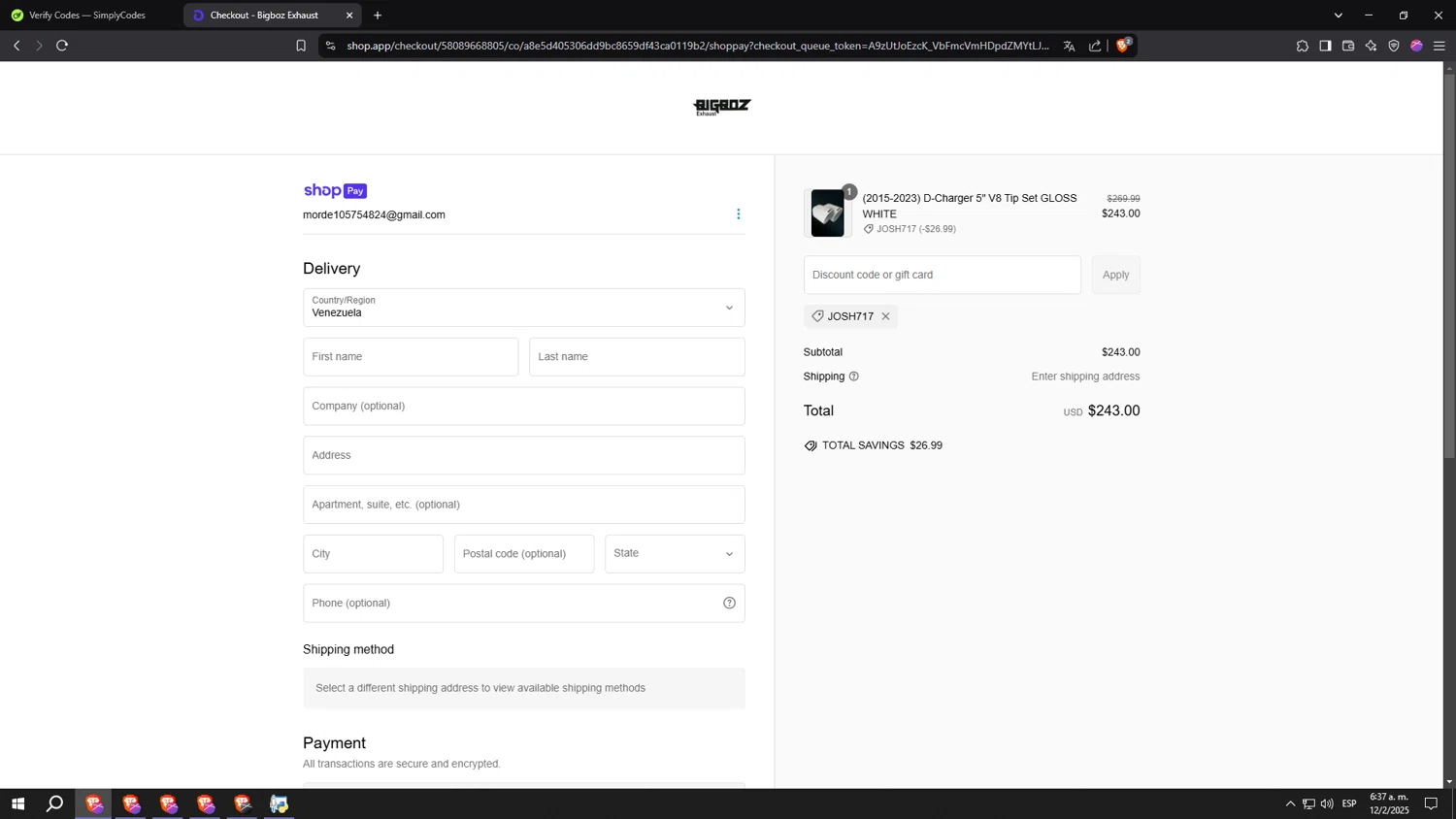 Bigboz Exhaust promo code screenshot showing code JOSH717 applied at Bigboz Exhaust checkout page. Uploaded by SimplyCodes community member Negriao on Feb 12, 2025