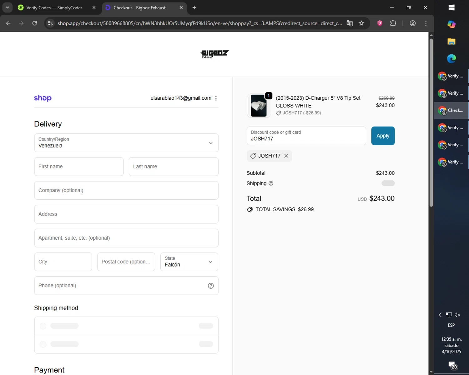 Bigboz Exhaust promo code screenshot showing code JOSH717 applied at Bigboz Exhaust checkout page. Uploaded by SimplyCodes community member PromoScout8746 on Oct 3, 2025