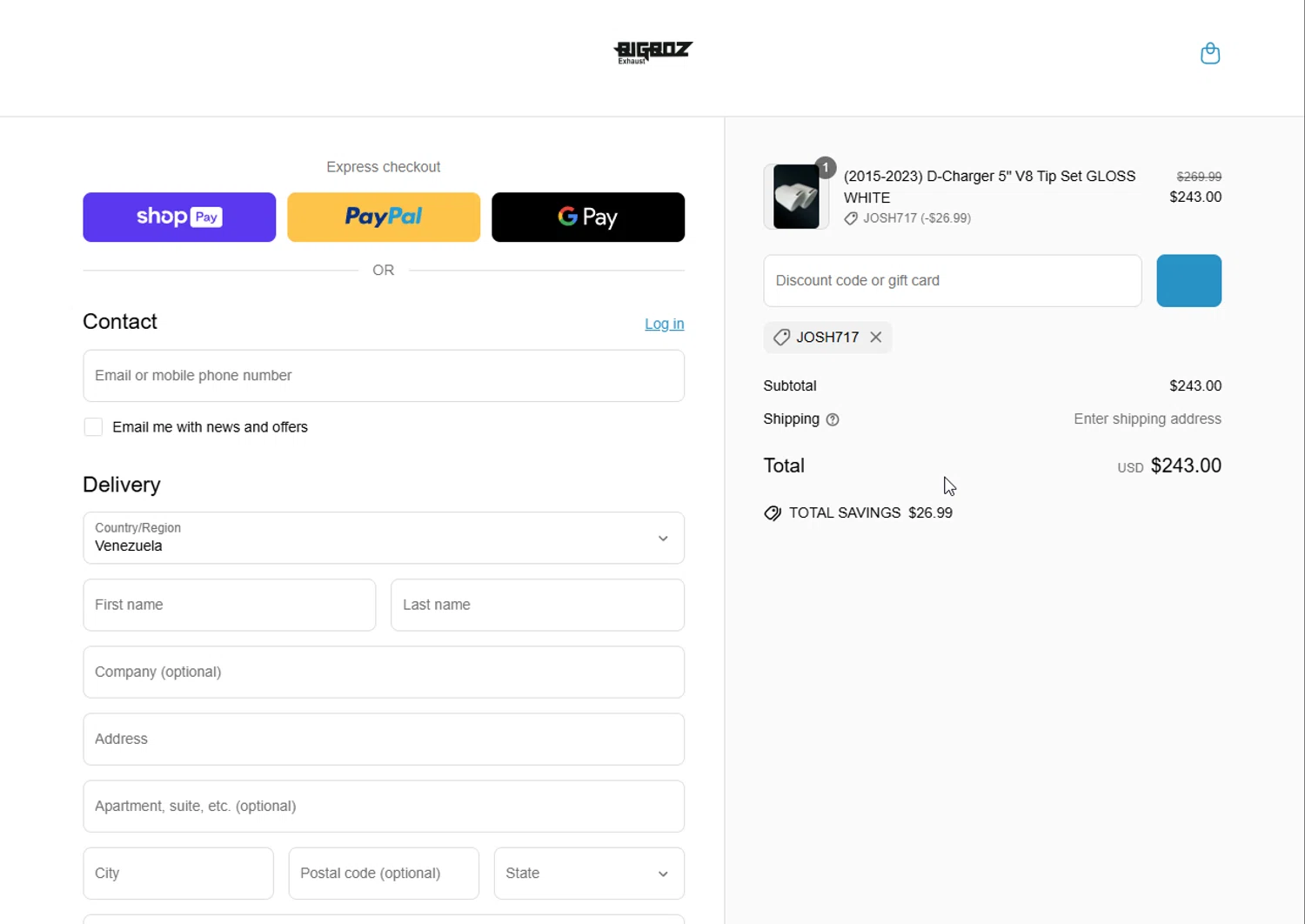 Bigboz Exhaust promo code screenshot showing code JOSH717 applied at Bigboz Exhaust checkout page. Uploaded by SimplyCodes community member johnnybravo on Mar 29, 2025