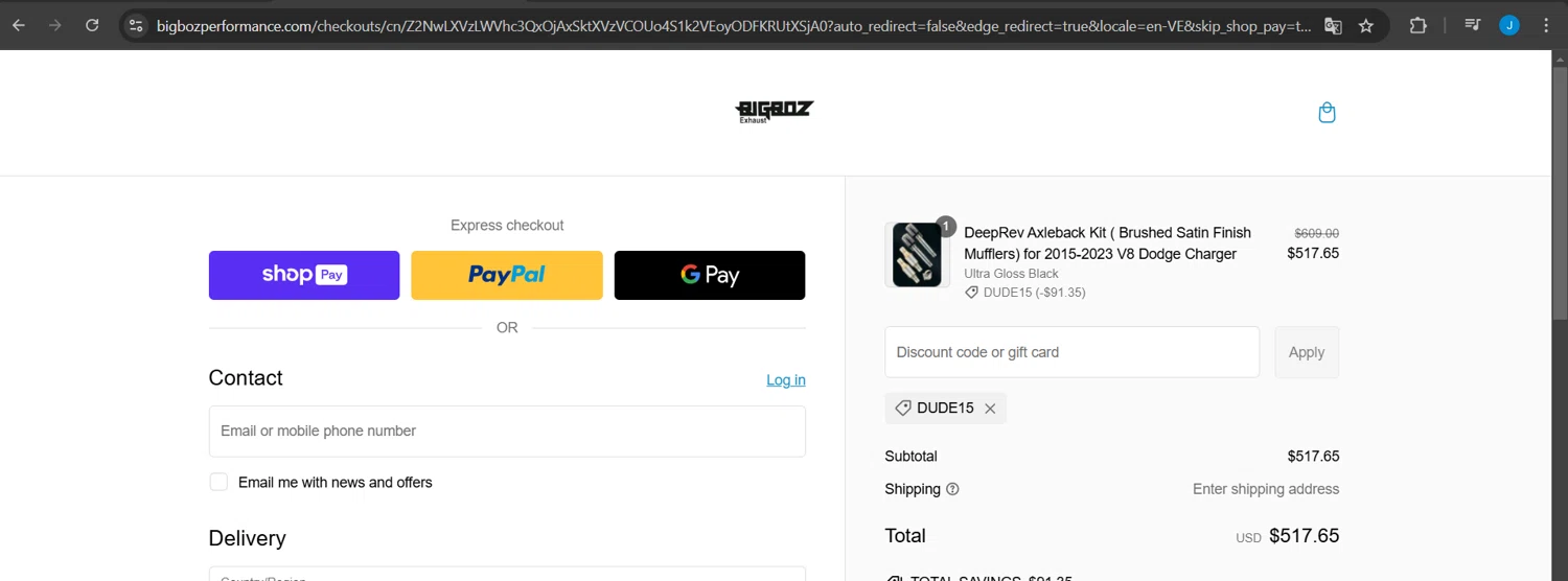 Bigboz Exhaust promo code screenshot showing code DUDE15 applied at Bigboz Exhaust checkout page. Uploaded by SimplyCodes community member Jeanjc on Feb 12, 2025