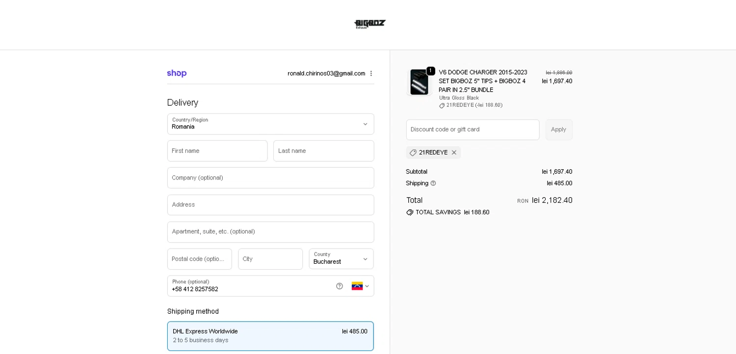 Bigboz Exhaust promo code screenshot showing code 21REDEYE applied at Bigboz Exhaust checkout page. Uploaded by SimplyCodes community member GoldAce6962 on Dec 29, 2025