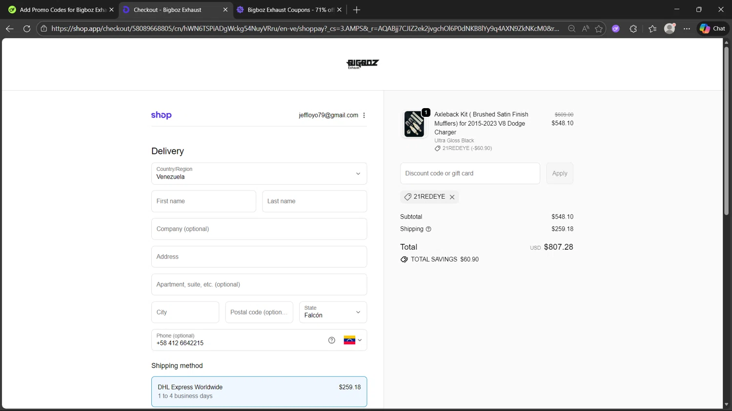 Bigboz Exhaust promo code screenshot showing code 21REDEYE applied at Bigboz Exhaust checkout page. Uploaded by SimplyCodes community member _Flash_ on Dec 15, 2025