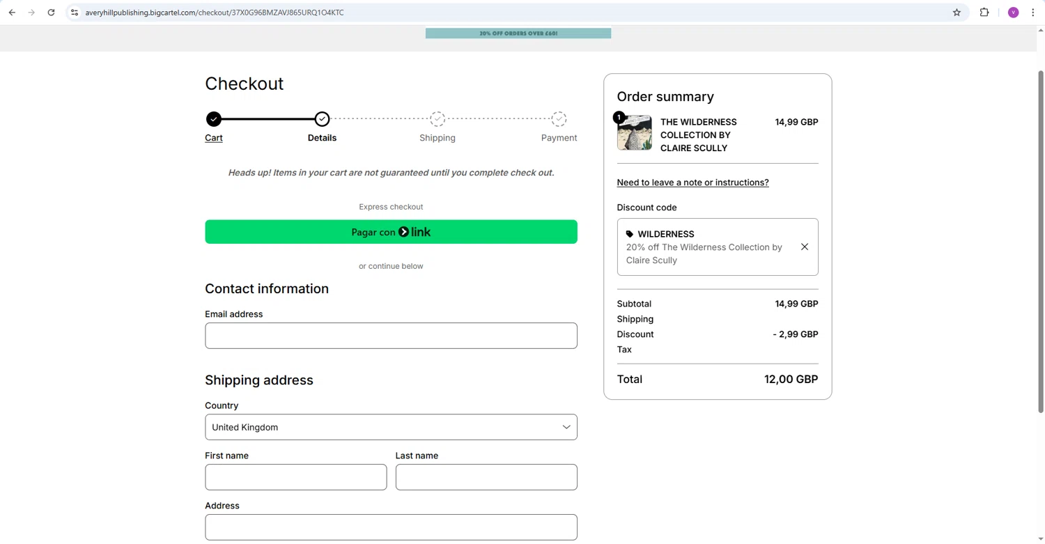 Big Cartel checkout page showing Big Cartel promo code box | Screenshot taken by SimplyCodes community member on Jan 16, 2026