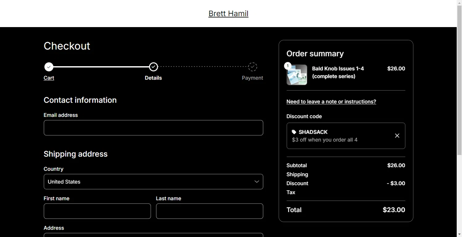 Big Cartel checkout page showing Big Cartel promo code box | Screenshot taken by SimplyCodes community member on Nov 4, 2025