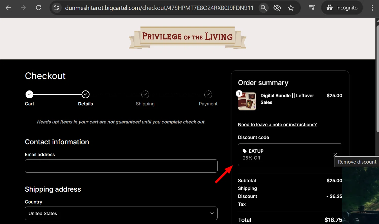 Big Cartel promo code screenshot showing code EATUP applied at Big Cartel checkout page. Uploaded by SimplyCodes community member anosesmith on Feb 3, 2026