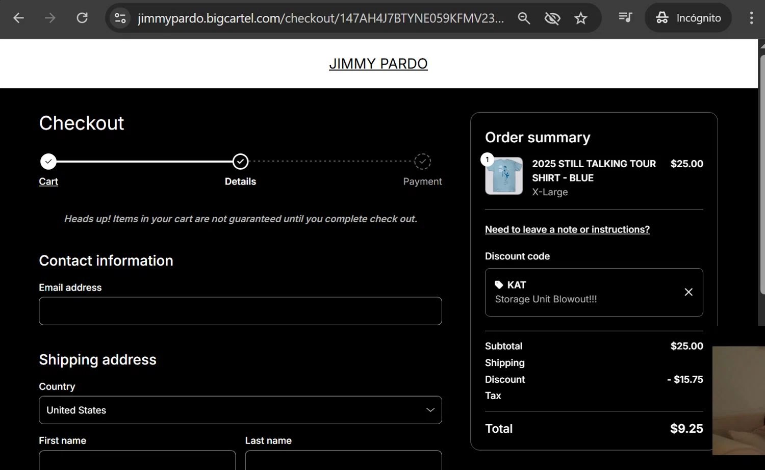 Big Cartel promo code screenshot showing code KAT applied at Big Cartel checkout page. Uploaded by SimplyCodes community member anosesmith on Jan 3, 2026
