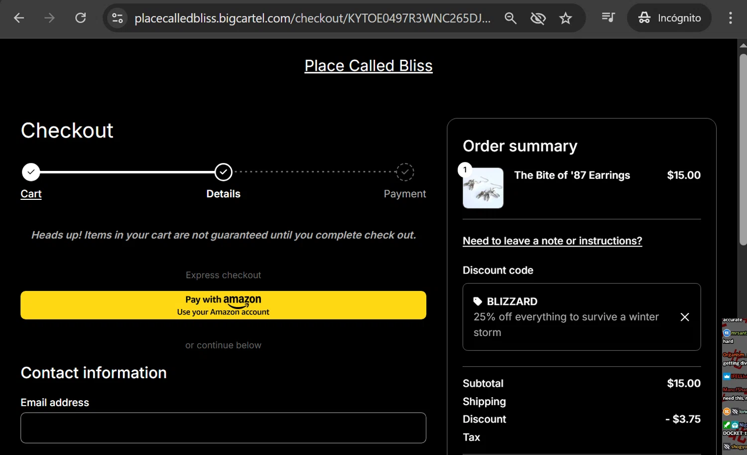 Big Cartel promo code screenshot showing code BLIZZARD applied at Big Cartel checkout page. Uploaded by SimplyCodes community member anosesmith on Jan 21, 2026