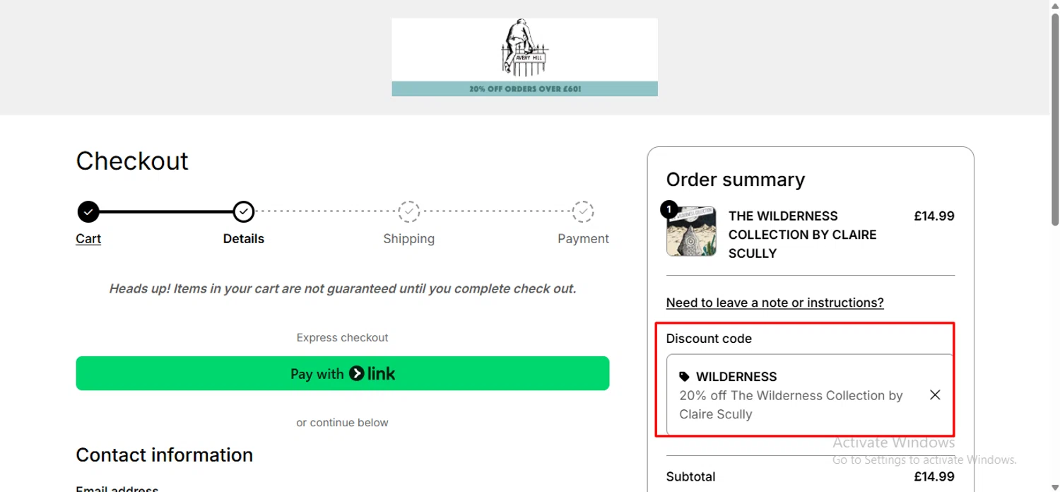 Big Cartel promo code screenshot showing code WILDERNESS applied at Big Cartel checkout page. Uploaded by SimplyCodes community member anosesmith on Sep 22, 2025