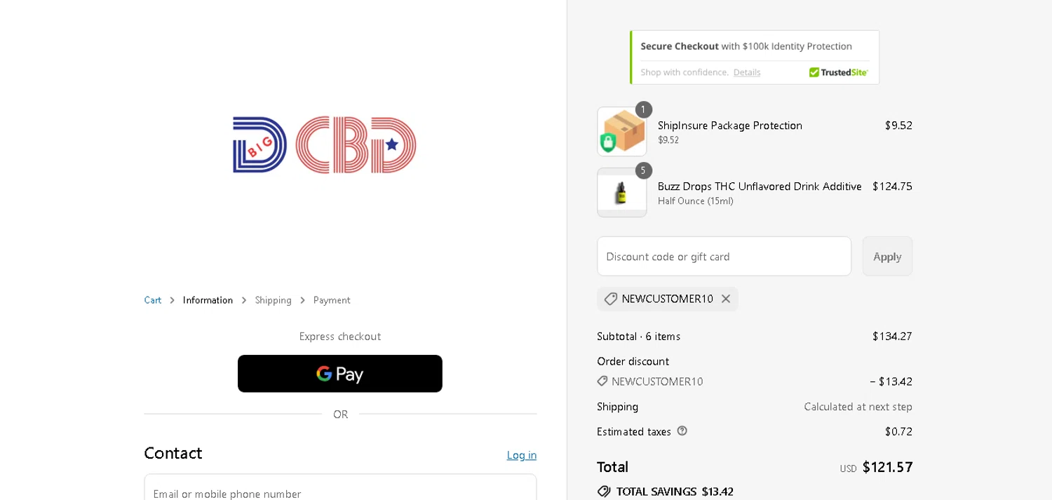 Big D CBD discount code screenshot showing code NEWCUSTOMER10 applied at Big D CBD checkout page. Uploaded by SimplyCodes community member CashAce9852 on Aug 6, 2025