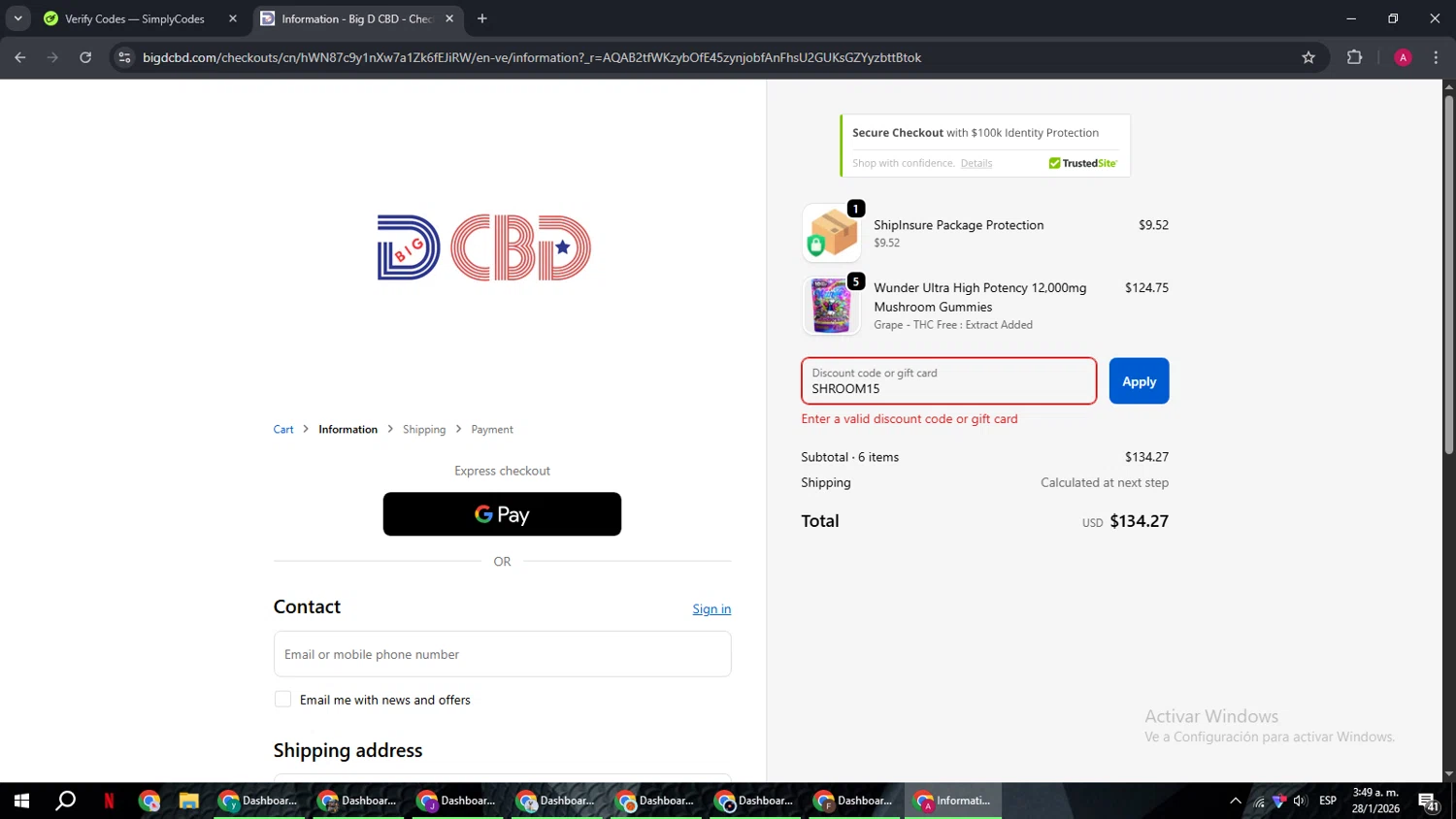 Big D CBD discount code screenshot showing code SHROOM15 applied at Big D CBD checkout page. Uploaded by SimplyCodes community member BMWGS1200 on Jan 28, 2026